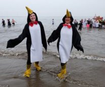 In good spirits: Some of the participants dressed up as animals - including this cheerful pair, who waded into the water in penguin outfits
